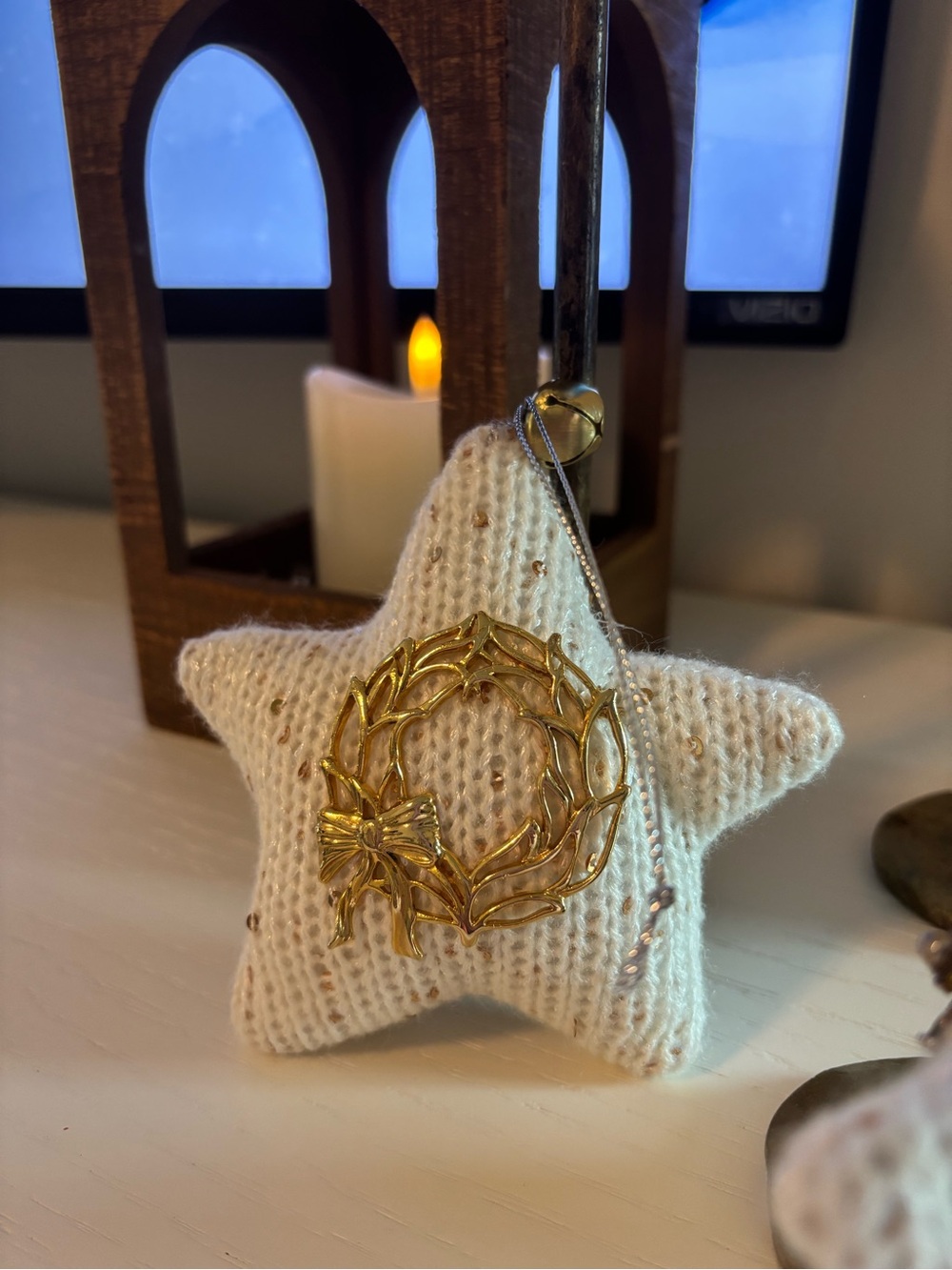 Cream Knit Star Ornament with Gold Wreath Accent